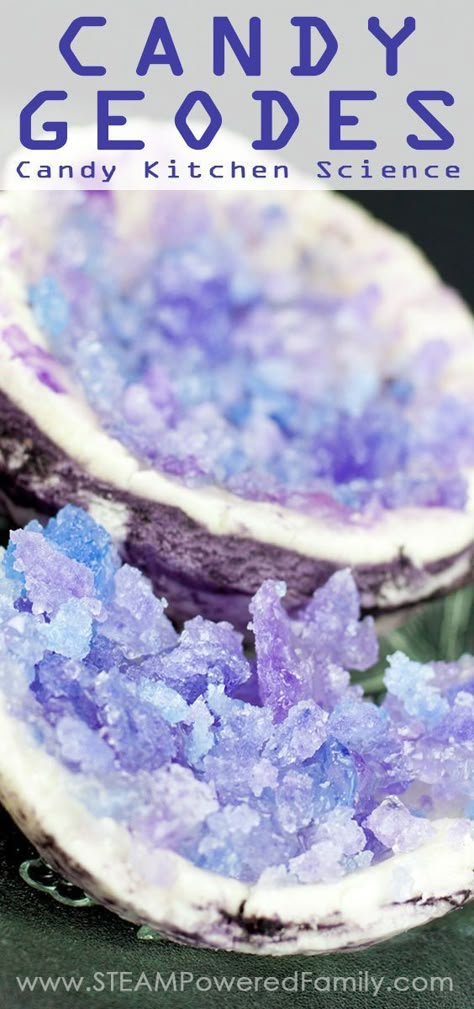 Creating this delicious candy geode kitchen science activity is perfect for combining geology, chemistry, and candy into a tasty unit study! YUM!! via @steampoweredfam Edible Gemstones, Candy Geodes, Making Lollipops, Science Party Food, Edible Science, Galaxy Apples, Rock Birthday, Candy Science, Homemade Lollipops