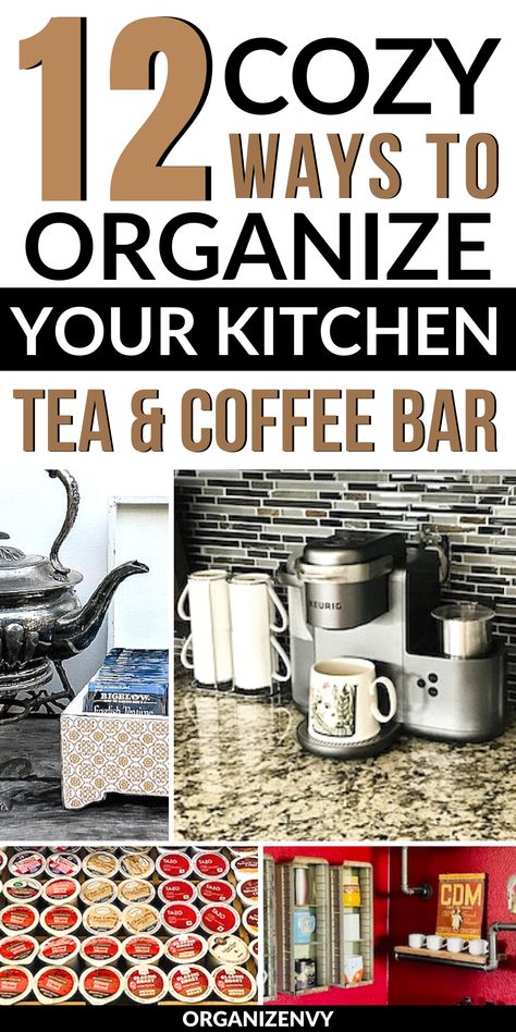 12 ideas for organizing your tea or coffee station in the kitchen! Maximize space, make it feel cozy, and enjoy your mornings (or evenings). Coffee And Tea Station Countertop Farmhouse, Coffee And Tea Organization Countertop, Kitchen Counter Tea Station, Countertop Tea Station Ideas, Small Tea Station Ideas, Tea Station Kitchen Countertops, Tea Setup In Kitchen, Coffee Tea Storage, Coffee And Tea Stations