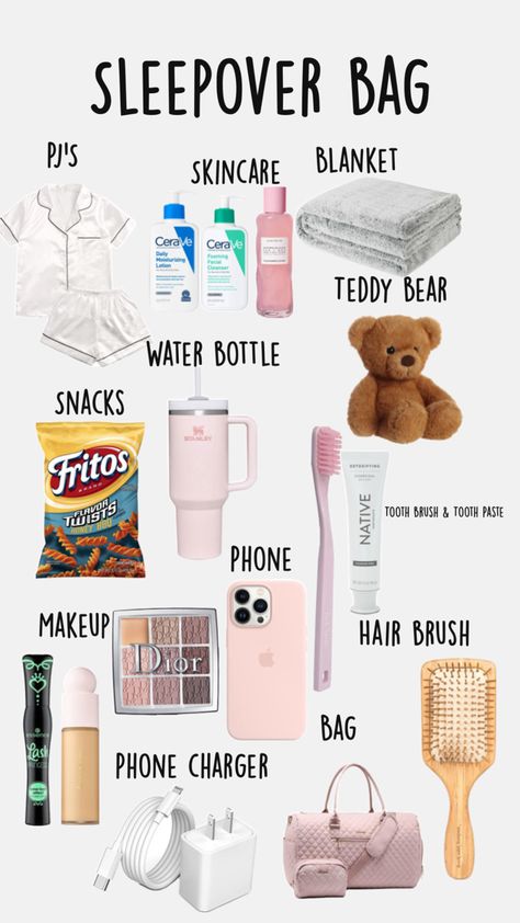 Sleepover Preppy, Sleepover Checklist, Aesthetic Sleepover, Sleepover Packing List, Preppy Sleepover, Trip Essentials Packing Lists, Fun Sleepover Activities, Teen Sleepover Ideas, Sleepover Essentials