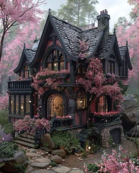 Pink And Black Victorian House, Witch House Illustration, Witchy House Exterior, House Design Budget, Sorceress Queen, Gothic House Plans, Gothic Revival Cottage, Edwardian Cottage, Fantasy Dwellings