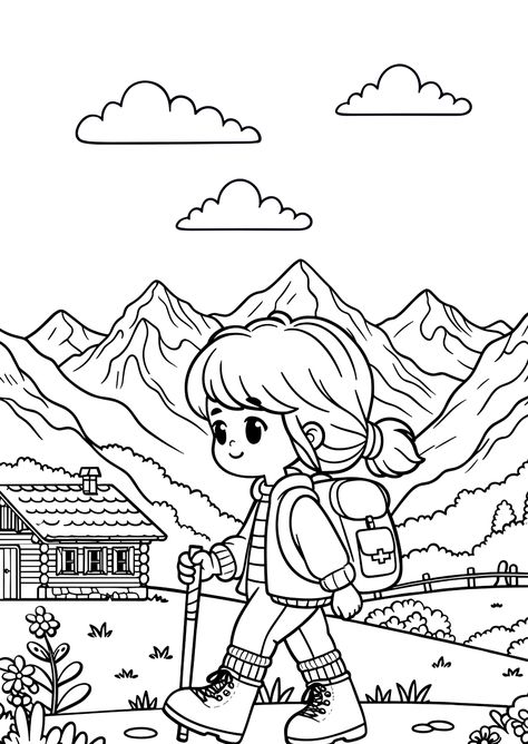 Mountain Hiking Coloring Page Mountain Scene Coloring Pages, Coloring Pages Mountains, Hiking Coloring Pages, Mountain Coloring Pages, Coloring Pictures For Kids, Mountain Trail, Coloring Art, Print Outs, Drawing Color