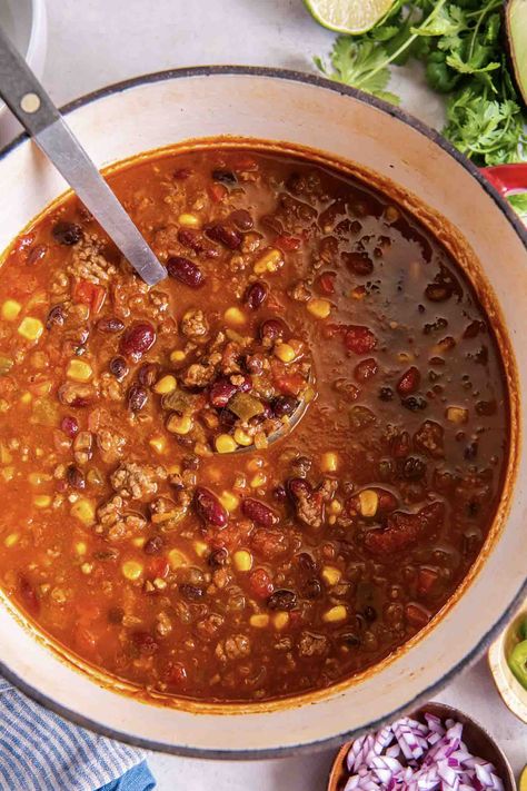 This easy taco soup recipe is the best comfort food! It's healthy, full of flavor and easy to make on the stove top. Crock pot and Instant Pot instructions also included! Stove Top Taco Soup Ground Beef, Stovetop Taco Soup, Taco Soup Instant Pot, Turkey Taco Soup Recipe, Instant Pot Taco Soup, Easy Taco Soup Recipe, Taco Soup Recipe Easy, Favorite Chili Recipe, Easy Taco Soup