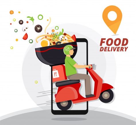 Food delivery service, fast food deliver... | Premium Vector #Freepik #vector #food #man #mobile #delivery Delivery Scooter, Service Illustration, Free Food Delivery, Food Delivery Packaging, Chinese Food Delivery, Food Delivery Business, Delivery Food, Delivery Packaging, Food Delivery App