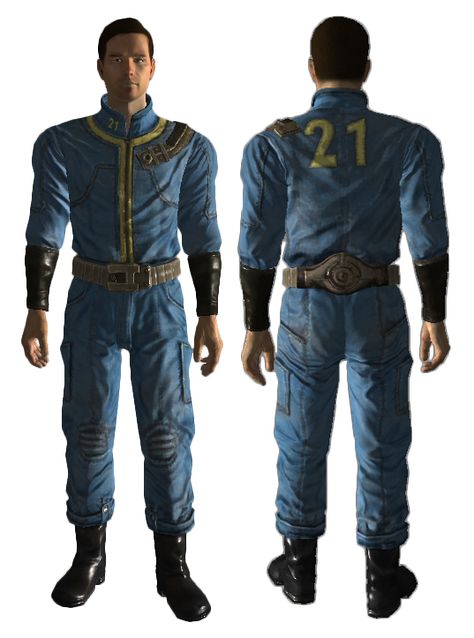 Vault jumpsuits are clothing that appear in all Fallout games. However, in Fallout and Fallout 2 they are worn by the player character by default and in Fallout 3, Fallout: New Vegas, Fallout 4, and Van Buren, they appear as actual in-game items. In Fallout Tactics and Fallout: Brotherhood of Steel, they are not usable by the player, they appear to be made out of a leather jumpsuit, the numbers are made of polyester, and the belt and other components are aluminum. Vault jumpsuits are the... Vault Suit, Fallout Costume, Fallout 4 Mods, Fallout Cosplay, Vault Dweller, Fallout Fan Art, Fallout Game, Fallout Art, Fallout 3