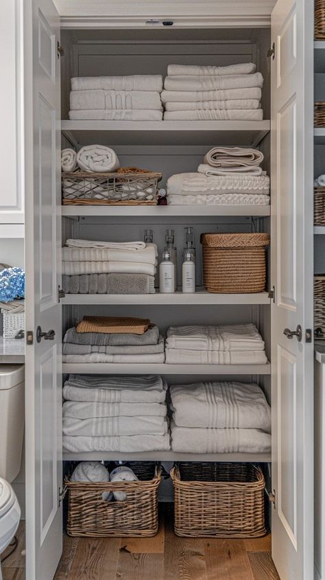 Minimalist linen closet organization with folded white towels and bed linens, natural woven baskets for storage, clean and functional design. Closet Organization Hallway, Hall Linen Closet, Linen Closet Organization Hallway, Closet Interior Design, Linen Closet Organization Ideas, Linen Closet Shelves, Cozy Cottage Home, Closet Storage Organization, Hallway Cupboards