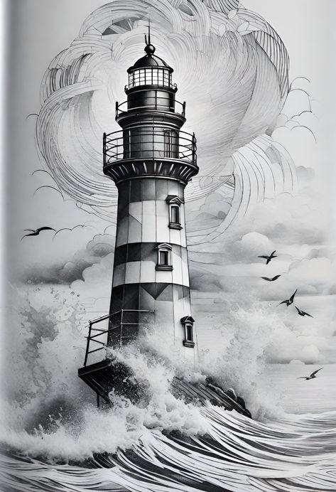 Lighthouse Tattoo Sketch, Lighthouse Pencil Drawing, Lighthouse With Waves Tattoo, Neo Traditional Lighthouse, Lighthouse Tattoo Drawing, Light House Tattoo Design, Lighthouse Tattoo Stencil, Light House Drawing, Lighthouse Tattoo Design