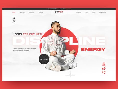 Martial Arts Website Template - Gymfit by UI UX STUDIO Learn Tai Chi, Marketing Dashboard, Sports Website, Art Web, Online Registration, Martial Artists, Web Layout Design, Web Layout, Mixed Martial Arts