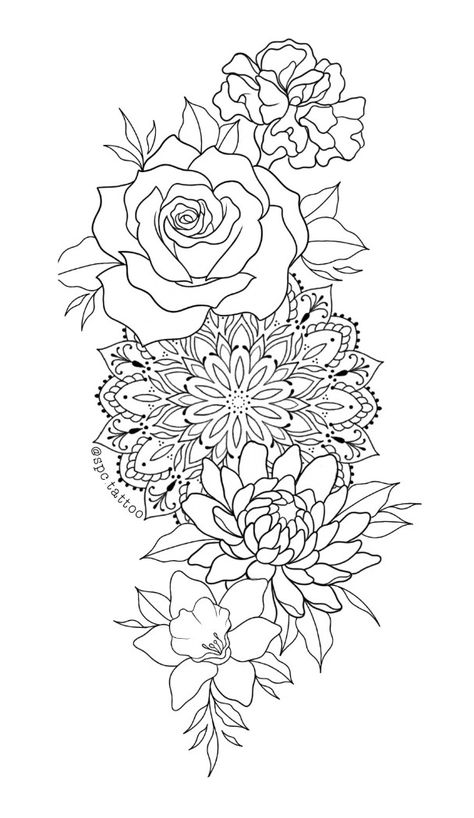 Peony With Mandala Tattoo, Mandala Flowers Design, Mandala Hip Tattoos Women, Tattoo Designs Floral, Tattoo Bein Frau, Mandala Hip Tattoo, Simple Mandala Tattoo, Mandala Thigh Tattoo, Thigh Piece Tattoos