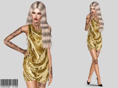 Sims 4 Gold Dress, Sims 4 Cc Dresses Party, Sims 4 Gown, Gold Outfits, Gown Gold, Golden Dress, Gold Outfit, Shiny Dresses, Sequin Party