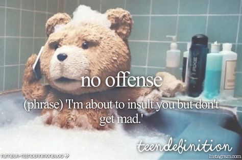 no offense: 'I'm about to insult you but don't get mad.' Teen Dictionary, No Offense, Teen Posts, Word Definitions, Girl Facts, Teen Life, Teenage Years, Teenager Posts, A Teen