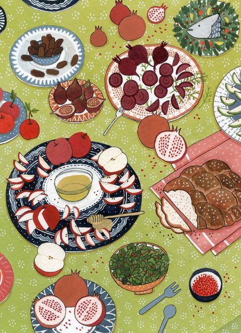 Jewish Celebrations, Jewish Food, Illustration Food, Jewish Art, Naive Art, Food Illustrations, Cute Illustration, Pretty Art, Food Art