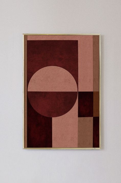 Mid century , geometric wall decor prints: Downloadable art / Printable poster in burgundy red bro Dark Red Abstract Painting, Abstract Mid Century Art, Burgundy Wall Art, Burgundy And Brown Living Room, Mid Century Modern Branding, Mid Century Modern Prints, Burgundy Interior Design, Burgundy Painting, Mid Century Modern Art Diy