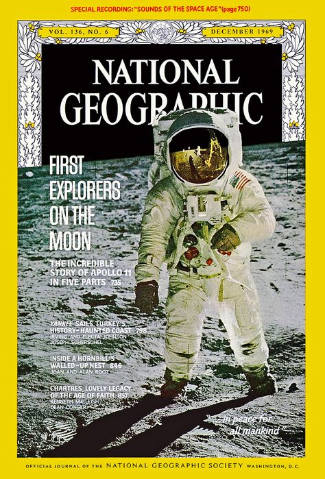 https://flic.kr/p/zKfCqo | Apollo 11:  "First Explorers on the Moon", National Geographic, December 1969 | REMASTERED by Dan Beaumont.  FROM THE NATIONAL GEOGRAPHIC ARCHIVES: Sounds of the Spage Age, "From Sputnik to Lunar Landing":  A supplement to the December 1969 issue of the magazine, this record plays an audio history of space exploration.  Pressed on flexible vinyl, the record is narrated by astronaut Frank Borman (Gemini 7- Apollo 8) and includes audio from NASA, the United... National Geographic Cover, Apollo Space Program, John Glenn, Nasa Apollo, Apollo Missions, National Geographic Magazine, Neil Armstrong, Space Race, Apollo 11