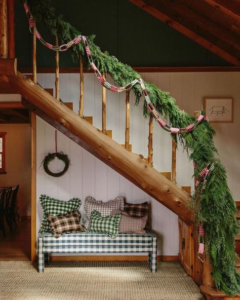 Clean Christmas Decor, Christmas Banister, Stair Banister, Winter Garland, Heather Taylor, Cabin Christmas, Christmas Interiors, Holiday Garlands, Christmas Inspo