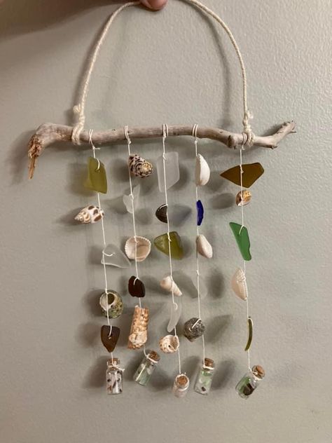 Seaglass Crafts Diy, Sea Glass Collection, Sea Glass Macrame, Sea Glass Driftwood Wind Chimes, Sea Glass Dream Catcher, Driftwood Shell Mobile, Seaglass Crafts Mermaid, Sea Glass Mosaic, Beach Glass Crafts