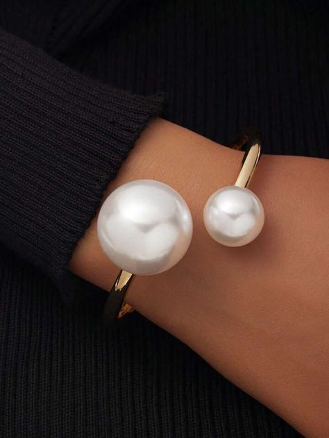 1pc Elegant Asymmetrical Faux Pearl Open Cuff Bracelet For Women | SHEIN Bohemian Jewels, Beaded Memory Wire Bracelets, Pearl Cuff Bracelet, Pearl Cuff, Metal Cuff Bracelet, Open Cuff Bracelet, Pop Lyrics, Gold Collar, Bracelet Cuff