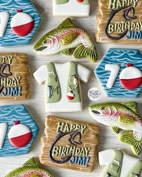 Beth Clark on Instagram: "🐟Happy birthday! May all your fishes come true! 🎣 . Flavor: orange cardamom  . . . #fishingcookies #fishcookies #birthdaycookies #troutcookies #rainbowtroutcookies #customsugarcookies #decoratedsugarcookies #bethscustomcookies #idahofallscookies #idahocookies #idahocookier #royalicingcookies #sugarcookies" Fishing First Birthday Cookies, Gone Fishing Cookies, Fishing Themed Cookies, Fishing Cookies Decorated, Fishing Birthday Cookies Decorated, Fishing Vest Cookies Decorated, Fish Sugar Cookies, Orange Cardamom, Fish Cookies