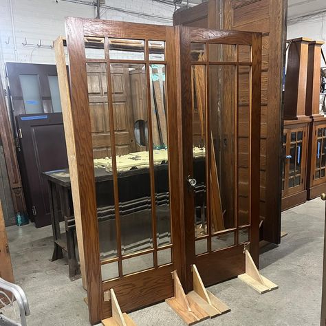 Look at these beauties 😍 Gorgeous antique oak beveled glass French doors! 60 1/8” wide, 79” tall Includes frame - rough opening 61 7/8” x 81 1/2” tall $1175 Oak French Doors, Antique French Doors, Glass French Doors, River House, Beveled Glass, Door Knobs, French Doors, French Antiques, Doors