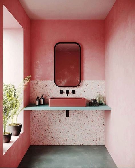 pink walls Single Color Bathroom, Wall Mirror In Bathroom, Terrazzo Backsplash, Apartemen Studio, Dream Flat, Interior Design Minimalist, Bad Inspiration, Bathroom Color, Design Bathroom