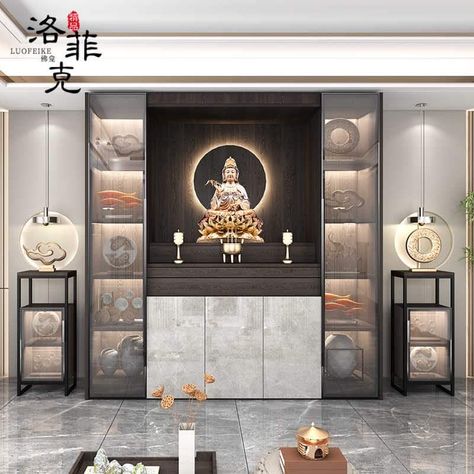 Buddha Cabinet Design, Crockery Unit With Temple Design, Crockery Cabinet With Mandir, Crockery Unit And Mandir, Wall Modeling Design, Crockery With Pooja Unit, Puja Unit With Crockery Unit, Temple With Crockery Unit, Mandir With Crockery Unit