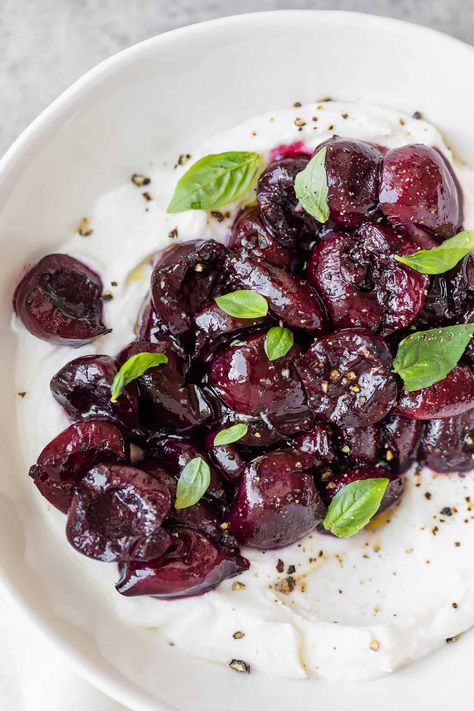 The perfect appetizer for summer-- whipped ricotta with roasted Northwest sweet cherries! A sweet and savory snack, side dish or small plate for entertaining. Serve as a dip, spread or crostini appetizer. Cherry Appetizers, Savory Cherry Recipes, Whipped Ricotta Recipe, Roasted Cherries, Crostini Appetizer, Dinner Spread, Michigan Food, Aphrodisiac Foods, Salad Appetizer