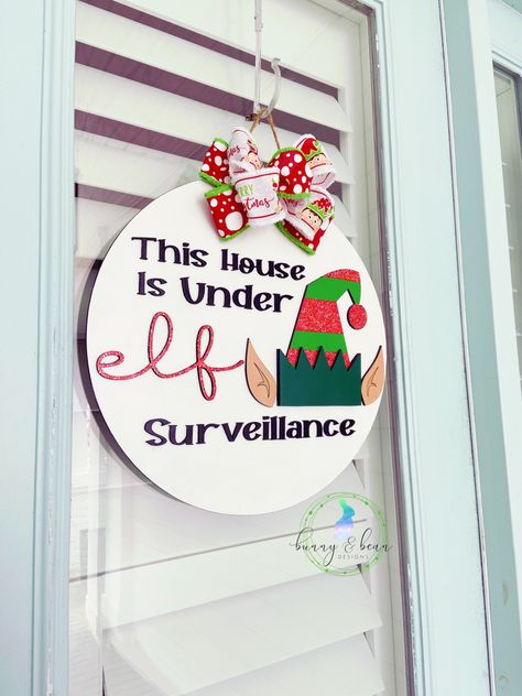 Elf Door Hanger, Chevron Pumpkin, Elf Surveillance, Elf Decor, White Pumpkin Decor, Circle Signs, Shelf Door, Elf Wreath, Elf Door