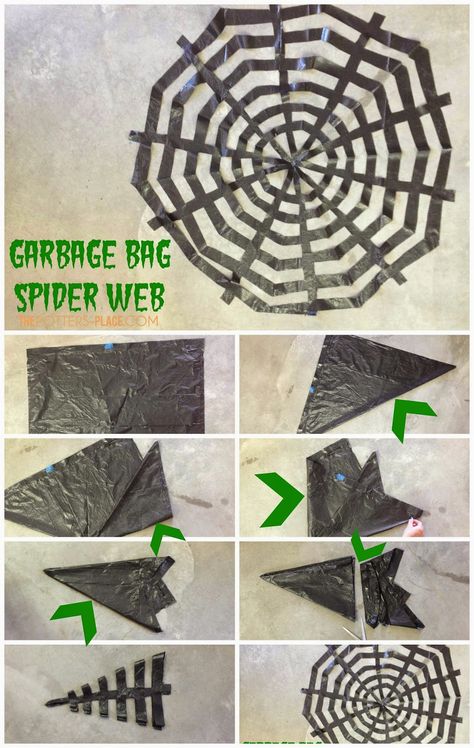 Spider web out of a black garbage bag. Clever! Halloween Decor - Not So Scary Trash Bag Spider, Spider Web Diy, Spiderman Birthday Party Decorations, Handmade Halloween Decorations, Halloween Party Decor Diy, Dekorasi Halloween, Clever Halloween, Spiderman Birthday Party, Easy Halloween Decorations