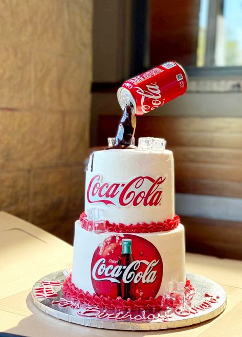 Coca Cola Cake Design Birthdays, Coca Cola Party Theme, Coca Cola Party, Grandmas Birthday, Retirement Party Favors, Coca Cola Cake, Cola Cake, Gravity Cake, 30th Birthday Decorations