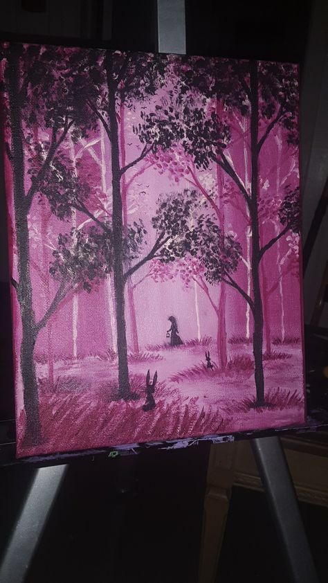 Pink Forest Painting, Pink Acrylic Painting, Monochromatic Painting Ideas, Nature Paintings Acrylic, Monochromatic Painting, Pink Nature, Forest Drawing, Pink Forest, Pink Palette