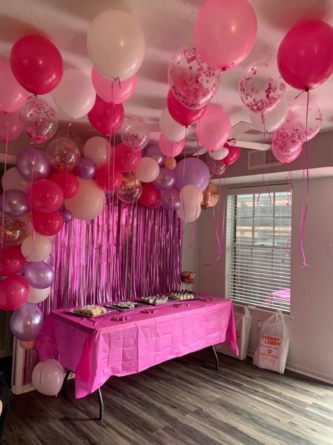 Barbie Themed 20th Birthday Party, Pink 21st Birthday Ideas Outside, Pink Y2k Birthday Party, Mini Foods For Party Appetizers, Pink Themed Party Decorations, 21st Colour Theme, Hot Pink Theme Party, Pink Decor For Birthday, Birthday Decorations 17 Party Ideas