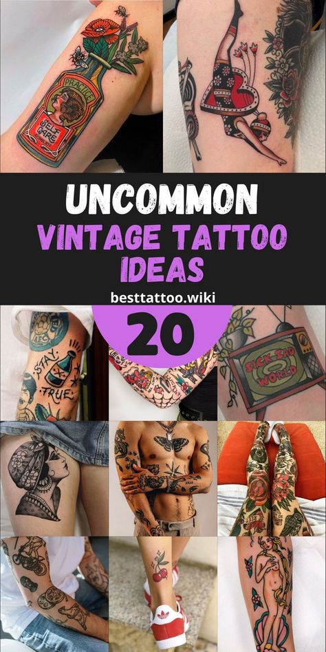 Transport yourself to a bygone era with our selection of top 20 vintage tattoo ideas for 2024. From old-school American traditional designs to whimsical Victorian motifs, our collection celebrates the timeless appeal of retro body art. Whether you're a fan of small, simple tattoos or intricate, detailed pieces, there's something for every vintage enthusiast. 1940s Tattoo Ideas, Traditional Tattoos Knees, Victorian Flash Tattoo, Traditional Pieces Tattoo, Vintage Tattoo Ideas For Women, American Tradition Tattoos For Women, Botanical Tattoo Traditional, 1920 Tattoo Ideas, Small Envelope Tattoo