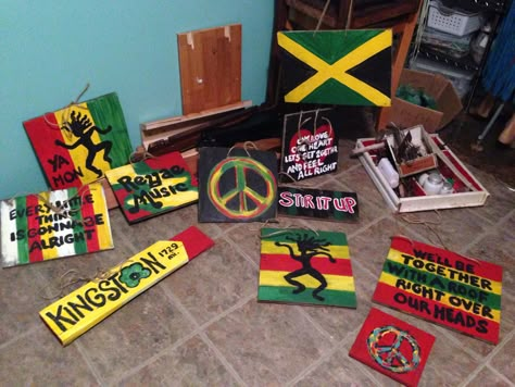 Hand painted signs for reggae party made from scrap wood. Nothing like this at… Rasta Birthday, One Love Party, Rasta Wedding, Jamaica Party, Rasta Party, Jamaican Party, Jamaica Culture, Reggae Party, Rasta Art