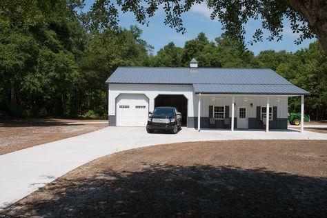 Morton Buildings garage in Dorchester, SC. Shop With Living Quarters, Metal Buildings With Living Quarters, Garage With Living Quarters, Metal Garage Buildings, Metal Shop Building, Pole Barn Garage, Metal Building Kits, Morton Building, Metal Barn Homes