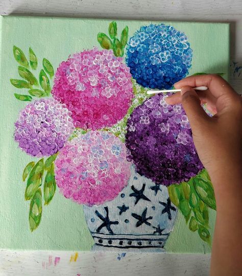 Q Tip Art, Bubble Wrap Art, Q Tips, Dreamy Flowers, Q Tip Painting, Hydrangea Painting, Painting Flowers Tutorial, Easy Flower Painting, Acrylic Painting Diy