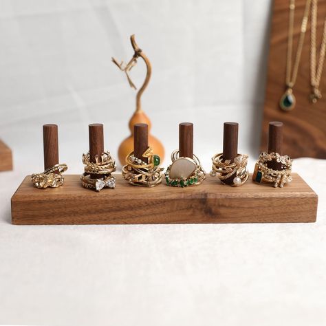 PRICES MAY VARY. ✔ GemeShou Jewelry ring organizer, very cute and practical design, uses high quality walnut wood, coated with food grade wood wax oil. There are six cylinders fixed on base which can hold lots of rings, display size: (20 L x5 W x6.5 H cm)/(7.87 L x31.97 W x2.56 H Inch). Please check the dimension image at right for details. Jewelry and other photography props are not included.  ✔Click “Add to Cart” now to take a try!  ✔All the products shown in pictures are for sale (except jewe Wood Jewelry Hanger, Ring Holder Wood, Wooden Jewelry Stand Diy, Ways To Display Jewelry To Sell, Jewelry Display Ideas Home, Ring Displays For Craft Shows, Jewlrey Organization Diy, Creative Earring Display, Ring Display Ideas