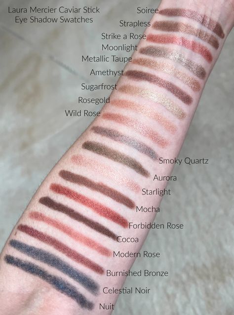 Swatches of Laura Mercier Caviar Stick Eye Shadows - alittlebitetc Laura Mercier Caviar Stick Swatch, Autumn Fashion Work, Laura Mercier Caviar Stick, Fall Brunch, Shadow Sticks, Rosy Pink, Eye Shadows, Brunch Outfit, Laura Mercier