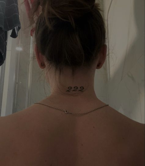 222 angel number tattoo on the back of the neck, work by Tattoos by Tobal 222 Back Of Neck Tattoo, Neck Tattoos Women Number, 222 Back Tattoo, 222 Neck Tattoo, Angel Number Neck Tattoo, Angel Number 222 Tattoo, 222 Tattoos, 222 Angel Number Tattoo, Back Of Neck Tattoos For Women