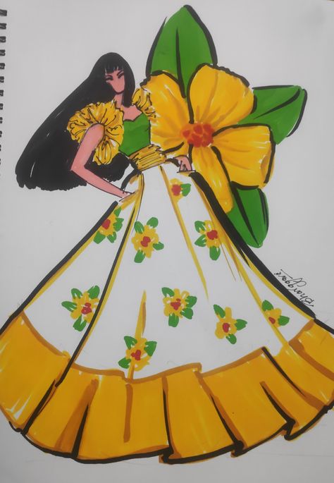 beautiful yellow colour floral printed dress, fashion drawing using DOMS BRUSH PENS Sun Dress Drawing, Doms Brush Pen Art, Yellow Dress Drawing, Dress Fashion Drawing, Dress Illustration Design, Diwali Greeting, Sikh Quotes, Brush Pen Art, Illustration Collage