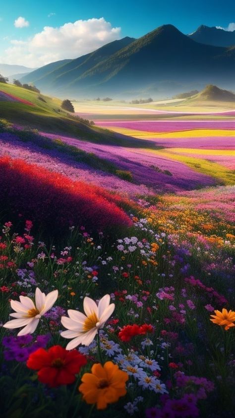 Bright Landscape Photography, Flower Fields Photography, Fantasy Flowers Magic, 3d Street Art Illusions, Field Of Flowers Painting, Mage Tower, Flower Field Painting, Art Illusions, Fantasy Fields