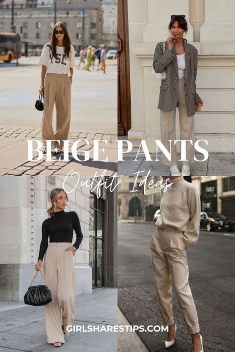 Explore the versatility of beige pants with our curated collection of 20+ outfit ideas! From casual weekends to office chic, discover how to style beige pants for every occasion for spring, summer, fall and winter. | khaki pants outfit | white pants outfit | linen pants outfit | wide leg pants outfit | effortlessly chic outfit | elevated  casual outfit | everyday outfit | capsule wardrobe | elegant outfit | beige jeans outfit | summer fashion | spring fashion | beige pants outfit casual | beige pants outfit professional | beige pants outfit business casual | beige pants outfit dressy | beige pants outfit dinner | beige trousers outfit | beige pants outfit work | beige corduroy pants outfits | beige linen pants outfit | beige cargo pants outfit | beige denim pants outfit What To Wear With Beige Trousers, Beige Straight Leg Pants Outfit, Beige Trousers Outfit Work, Beige Ankle Pants Outfit, Outfit Inspo With Khaki Pants, How To Wear Cream Pants, Tan Khaki Pants Outfit Women, Styling Beige Jeans, What To Wear With Beige Jeans