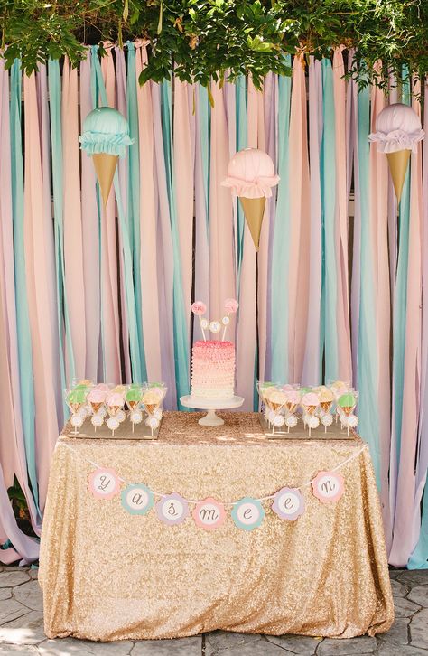 Fabric straps or even twisted steamers as backdrop of food table. Also I love the party favor bags. Maybe use a sigh that uses that phrase over the ice cream shooters Creative Birthday Party Ideas, Ice Cream Party Theme, Ice Cream Party Decorations, Creative Baby Shower, Ice Cream Birthday Party, Ice Cream Theme, Diy Ice Cream, Ice Cream Social, Birthday Party Tables