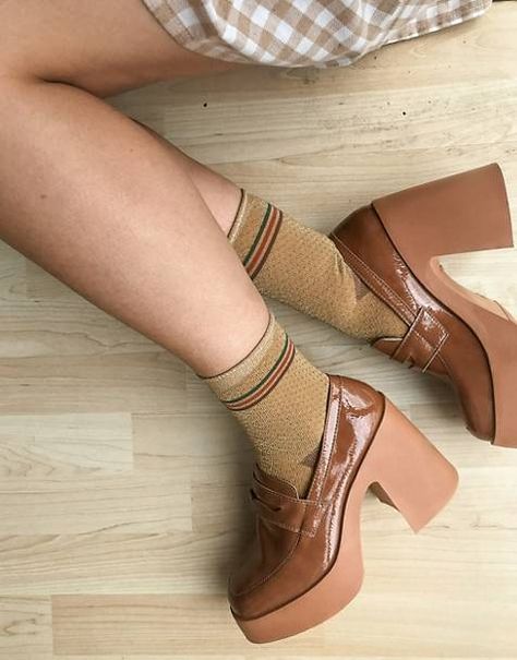 Loafers | Driving shoes & penny loafers | ASOS Bank Job, Look 80s, High Heel Loafers, Shoes And Socks, Dr Shoes, Funky Shoes, Mia 3, Chunky High Heels, Brown Shoes