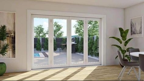 Bifold Doors Onto Patio, Folding Glass Patio Doors, External Glass Doors, White Bifold Doors, External Bifold Doors, Glass Bifold Doors, Bifold Door, Timber Door, Laminated Glass