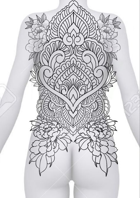 Full Back Tattoo Mandala, Full Back Ornamental Tattoo, Tattoo Back Ideas, Mandala Back Piece, Ornamental Tattoo Back, Full Back Tattoo Ideas, Ornamental Back Piece, Ornamental Back Tattoo Women, Full Back Tattoo Women