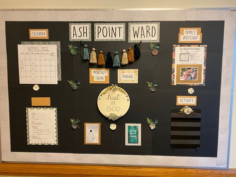 Bulletin Board Split In Half, Office Announcement Board Ideas, Work Announcement Board, Bulletin Board Aesthetic Ideas, Info Bulletin Board Ideas, Classroom Information Bulletin Board, Ward Bulletin Board Ideas Lds, Information Station Bulletin Board, Notice Board Ideas Aesthetic