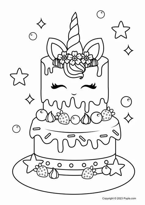 Big and Beautiful Unicorn Cake Coloring Page Magical Coloring Pages, Cake Coloring, Happy Birthday Coloring Pages, Coloring Pages Aesthetic, Aesthetic Coloring Pages, Unicorn Drawing, Birthday Coloring Pages, Unicorn Printables, Unicorn Pictures