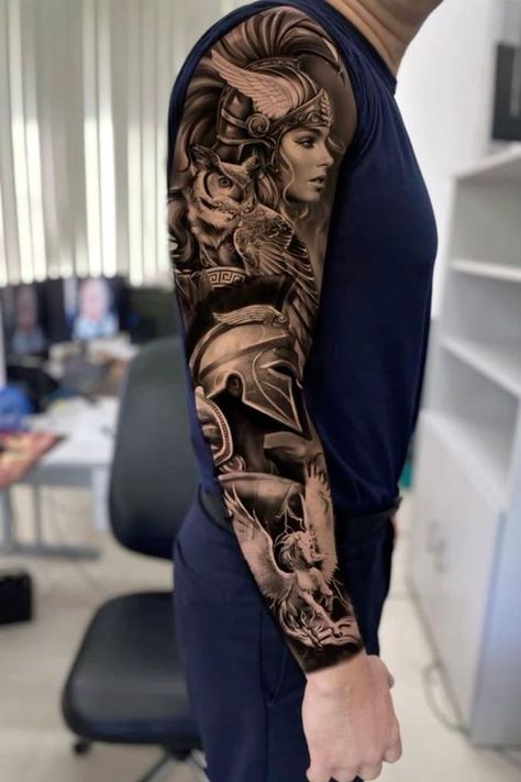 Amazonian Women Tattoo, Ares Sleeve Tattoo, Greek Mythology Sleeve Tattoo Men, Greek Theme Sleeve Tattoo, Roman Themed Tattoo, Greek Gladiator Tattoo, Roman Gladiator Tattoo Design, Roman Style Tattoo, Spartan Sleeve Tattoo