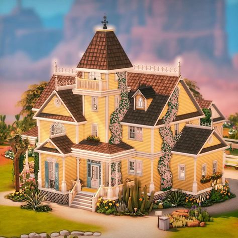 Simmary | #EAPartner | 💛 Not So Berry Yellow Victorian A family home in Strangerville for gen 3 of Not So Berry! 🚀🌻 I made sure to include bedrooms… | Instagram Sims 4 Yellow House, Ts4 Strangerville, Strangerville House Sims 4, Sims 4 Victorian House, Sims 4 Packs, Ts4 Builds, Sims Inspiration, 70s House, Sims Builds