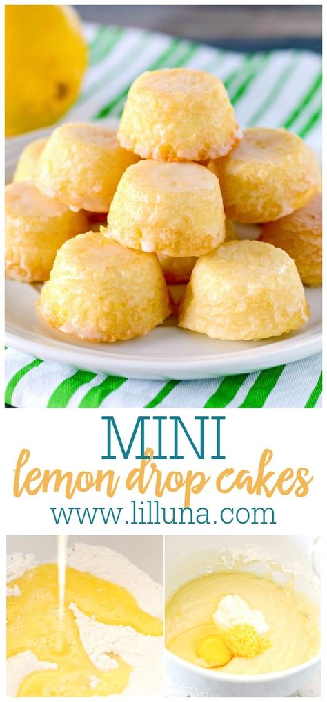 Mini lemon drop cakes are drenched in a mouthwatering lemon glaze making them delicious and addicting and perfectly sweet + tangy! #minilemondropcake #lemondrops #lemoncake #dropcakes #minilemoncakes Dessert Recipes Pumpkin, Drop Cake, Lemon Cakes, Lil Luna, Recipes Pumpkin, Lemon Glaze, Lemon Desserts, Lemon Drop, Lemon Cake