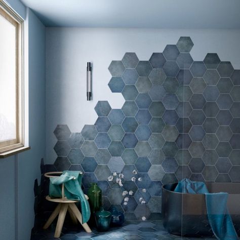 Tile Trends 2022 | Bathroom | Kitchen | Pool Hexagonal Tiles Bathroom, Bathroom Hexagon Tile, Hexagon Bathroom Tile, Bathroom Hexagon, Hexagon Tile Bathroom, Tile Trends, Bathroom Remodel Designs, Downstairs Bathroom, Blue Bathroom